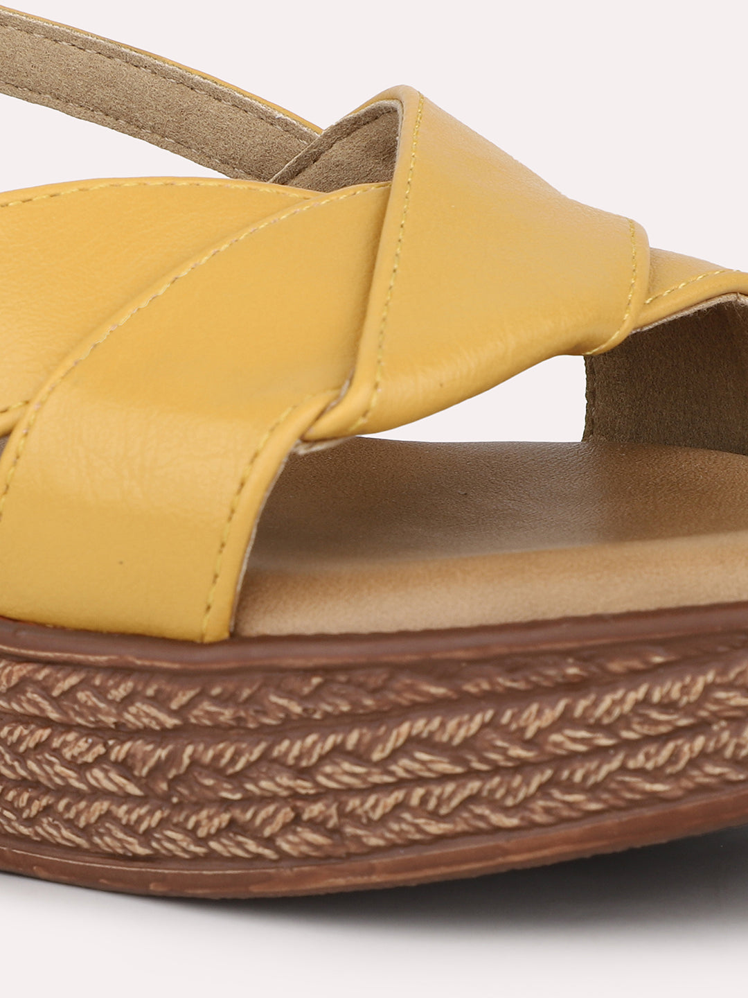 Women Mustard Textured Solid Wedges With Buckle Detail