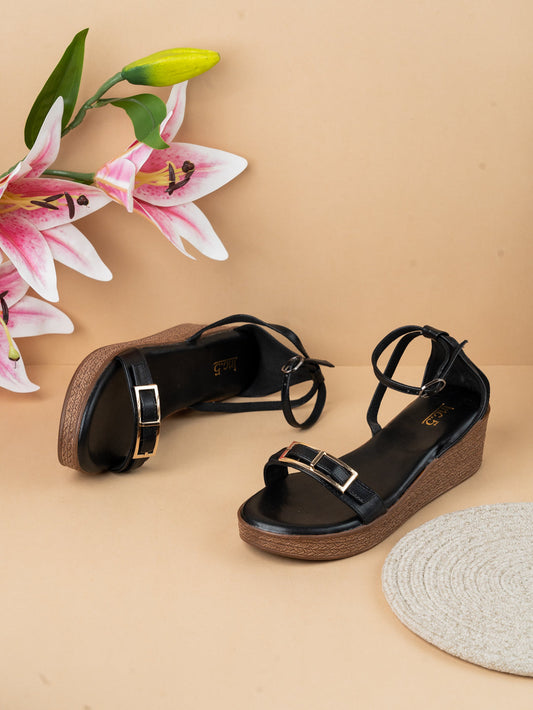 Womens Black Solid Round Toe Casual Heel Sandals