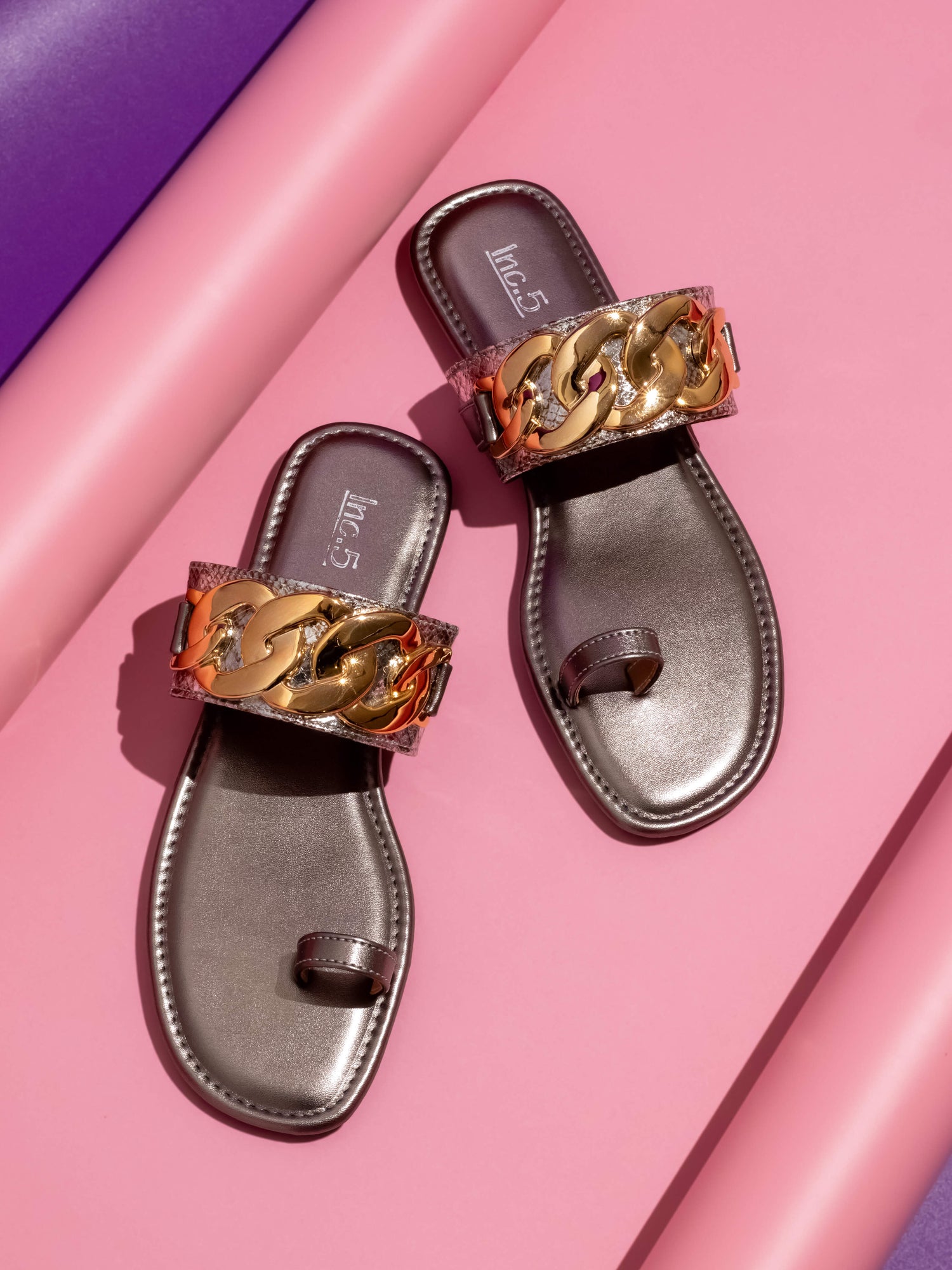 Women Pewter Embellished Open Toe Flats