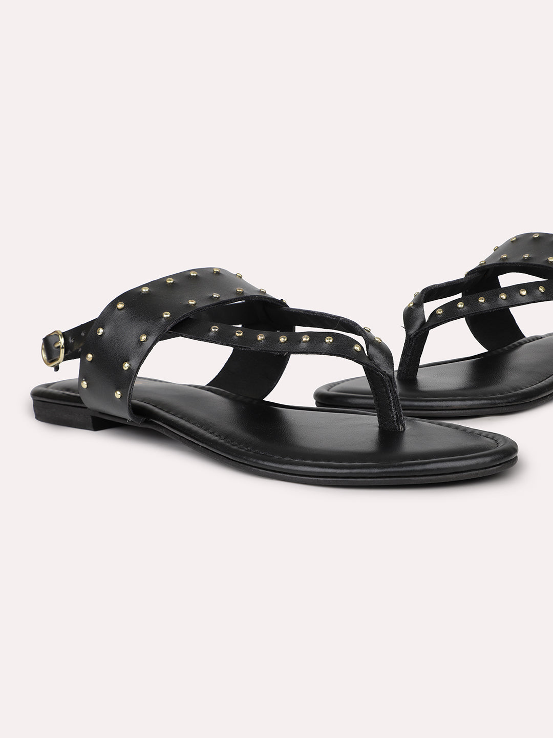 Women Black Embellished Studded T-Strap Flats