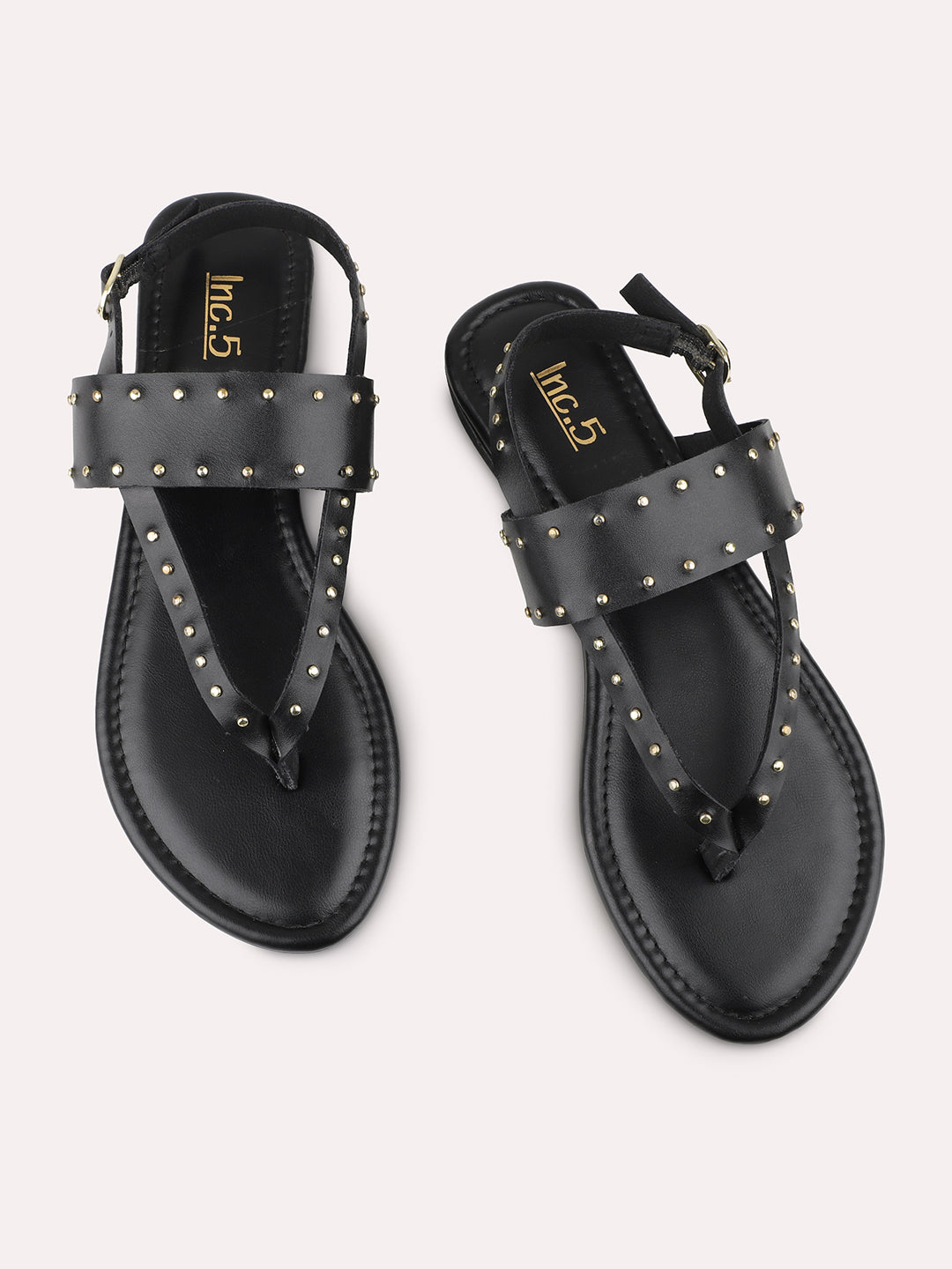 Women Black Embellished Studded T-Strap Flats