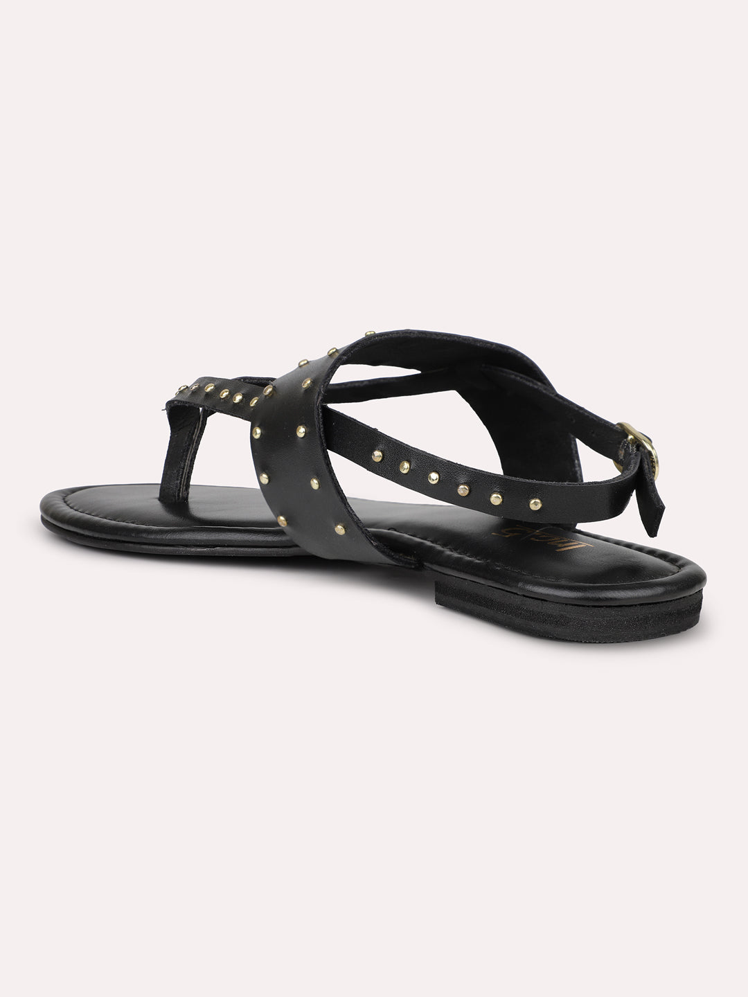 Women Black Embellished Studded T-Strap Flats