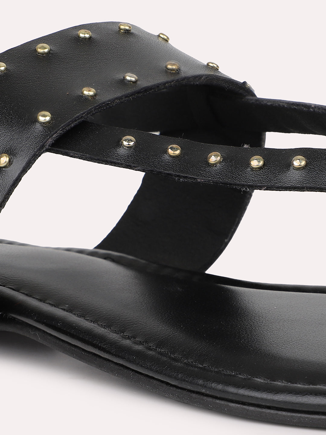 Women Black Embellished Studded T-Strap Flats