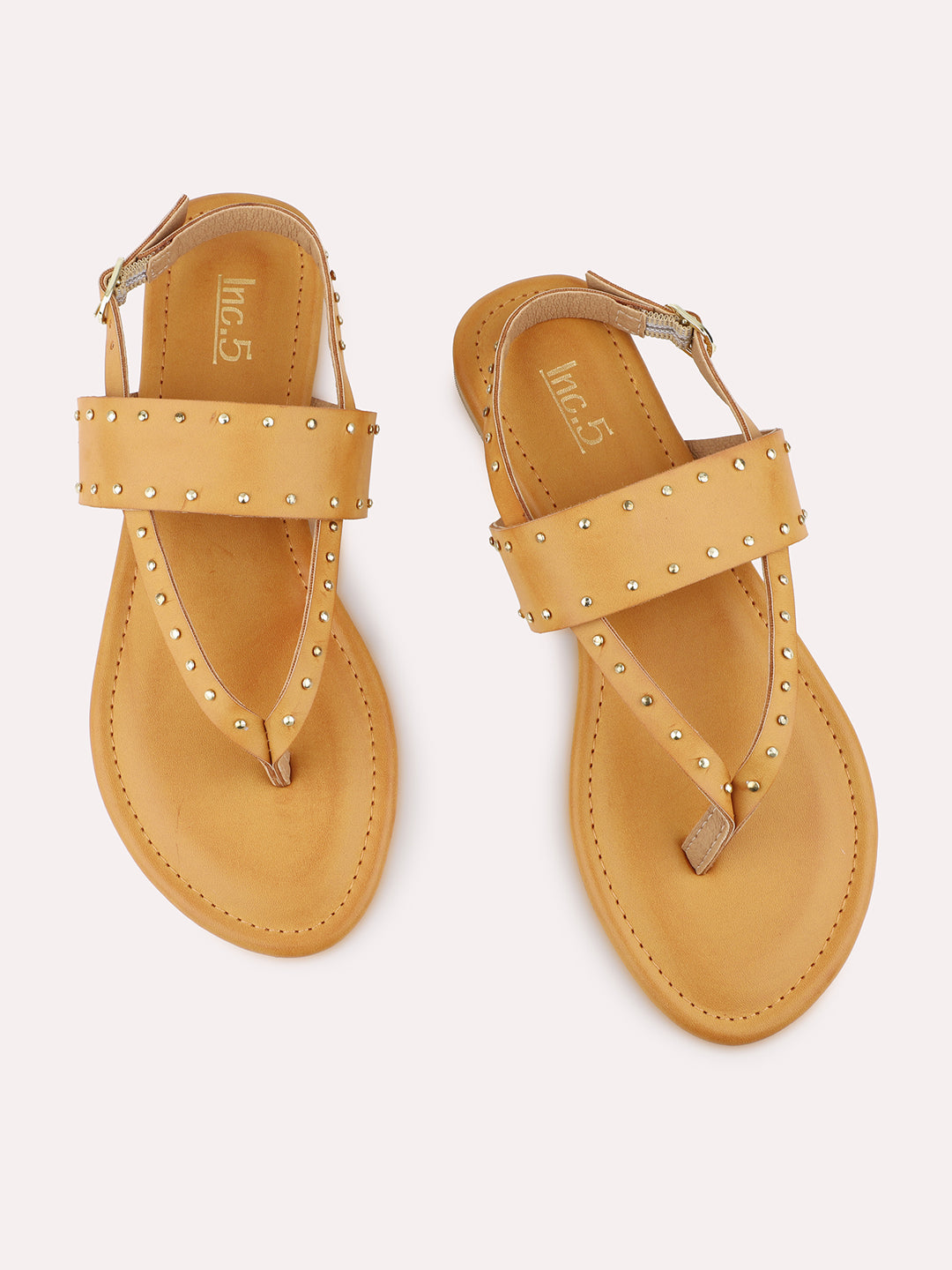 Women Tan Embellished Studded T-Strap Flats