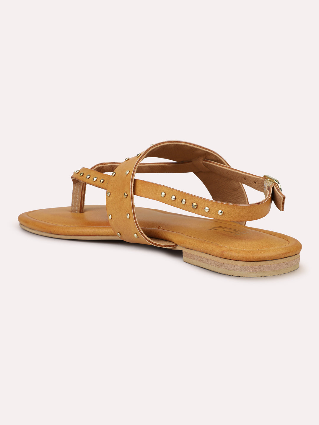 Women Tan Embellished Studded T-Strap Flats