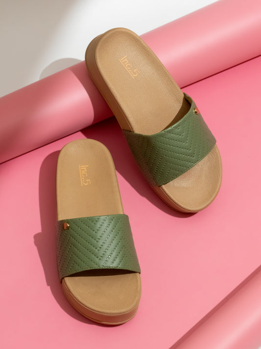 Women Green Textured Open Toe Comfort Heels