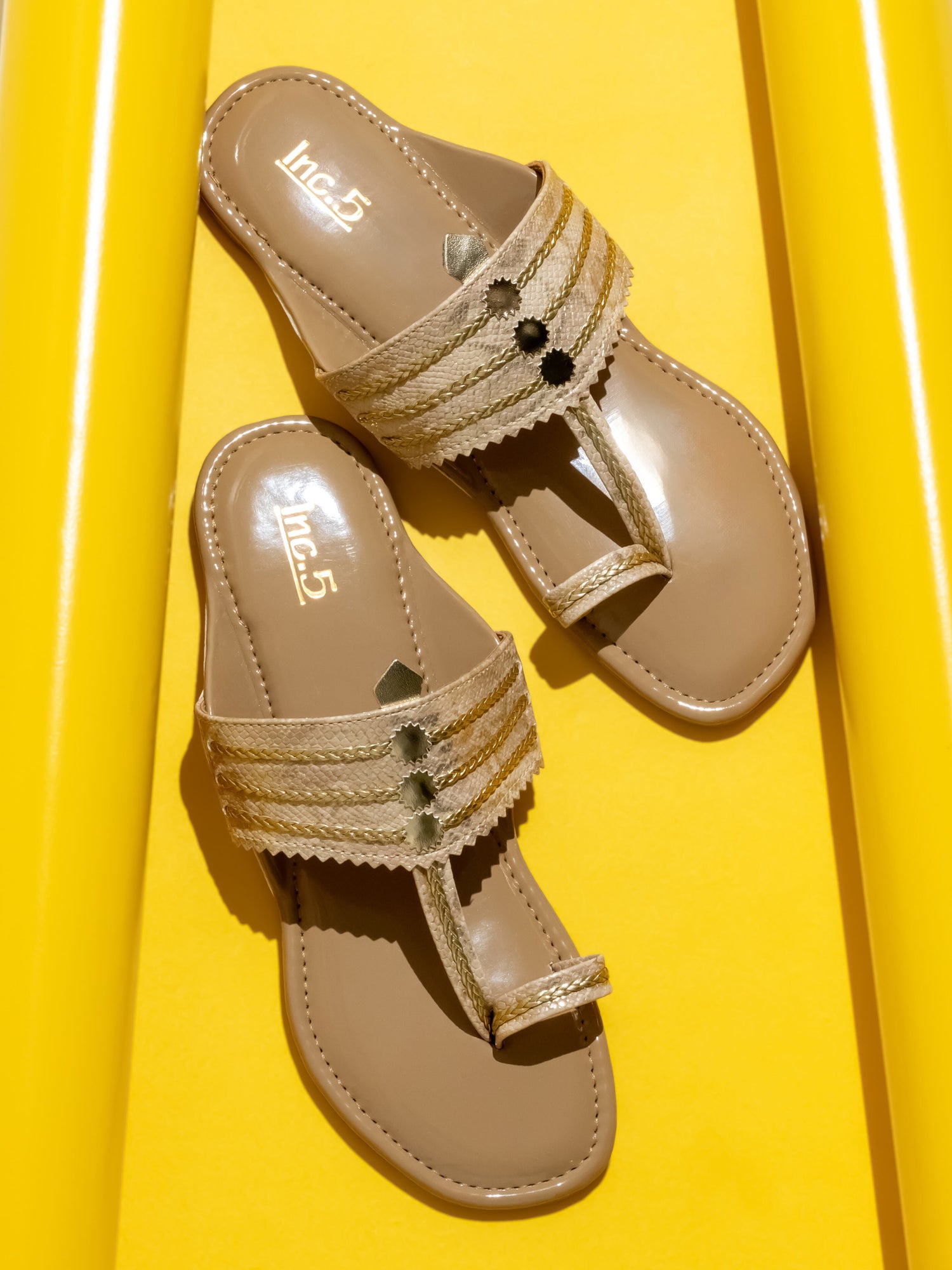 Women Beige Ethnic Embellished One Toe Flats