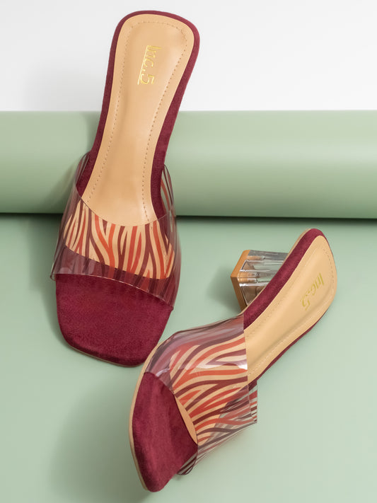 Women Maroon Transparent & Striped Block Heel Sandals