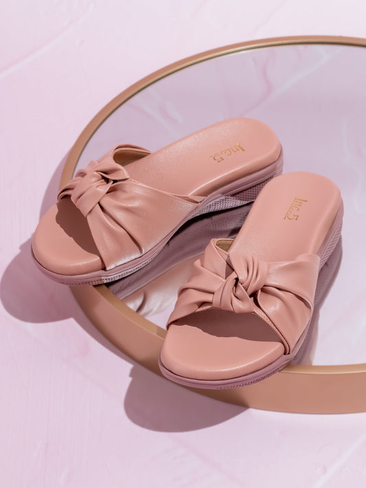 Women Peach Open Toe Comfort Heels With Knot Detail