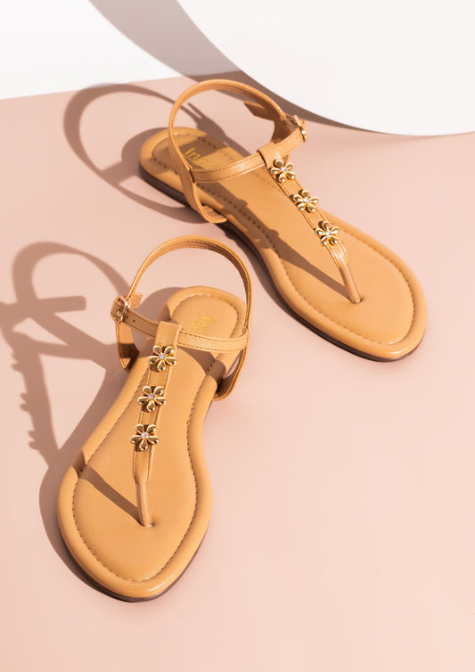 Women Beige And Gold-Toned Studded T-Strap Flats