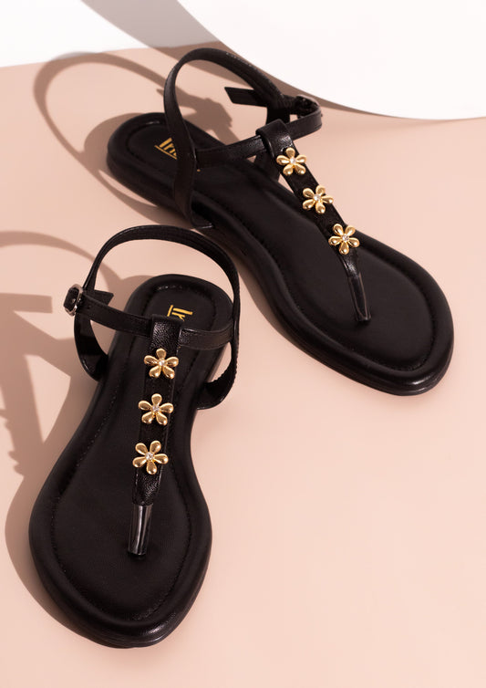 Women Black And Gold-Toned Studded T-Strap Flats