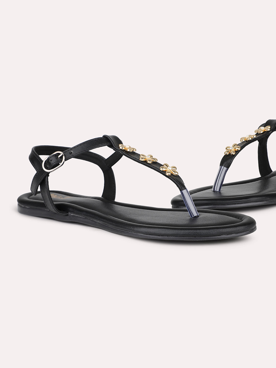 Women Black And Gold-Toned Studded T-Strap Flats