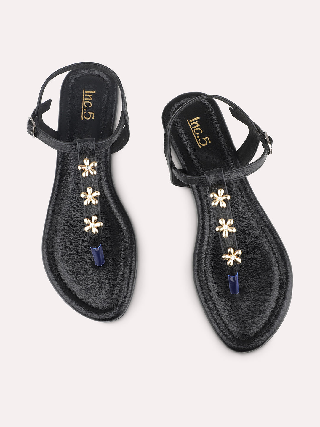 Women Black And Gold-Toned Studded T-Strap Flats