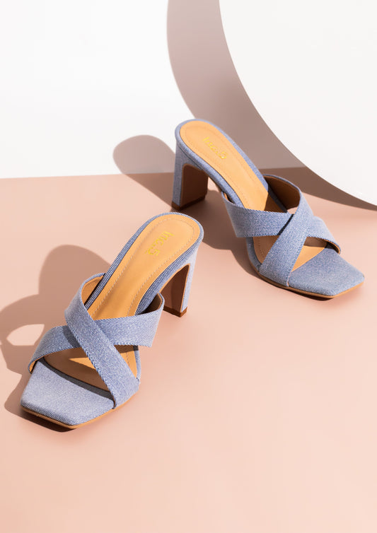 Women Blue Denim Criss-Cross Strap Block Heels