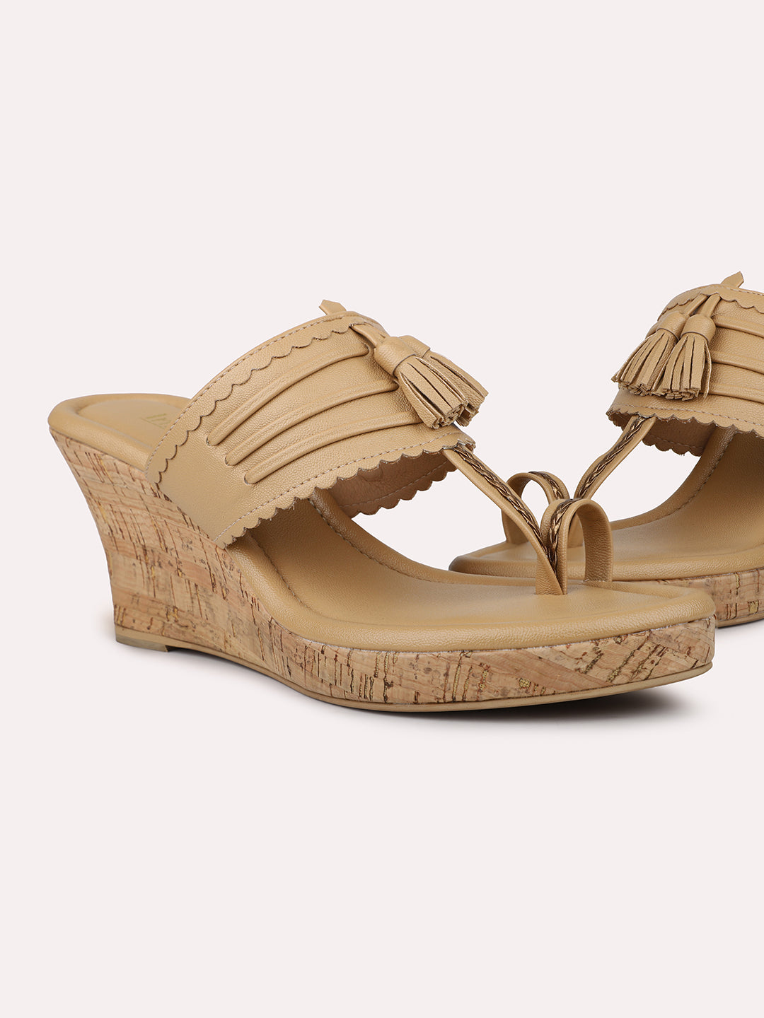 Women Beige Textured One Toe Wedge Heels With Tassels