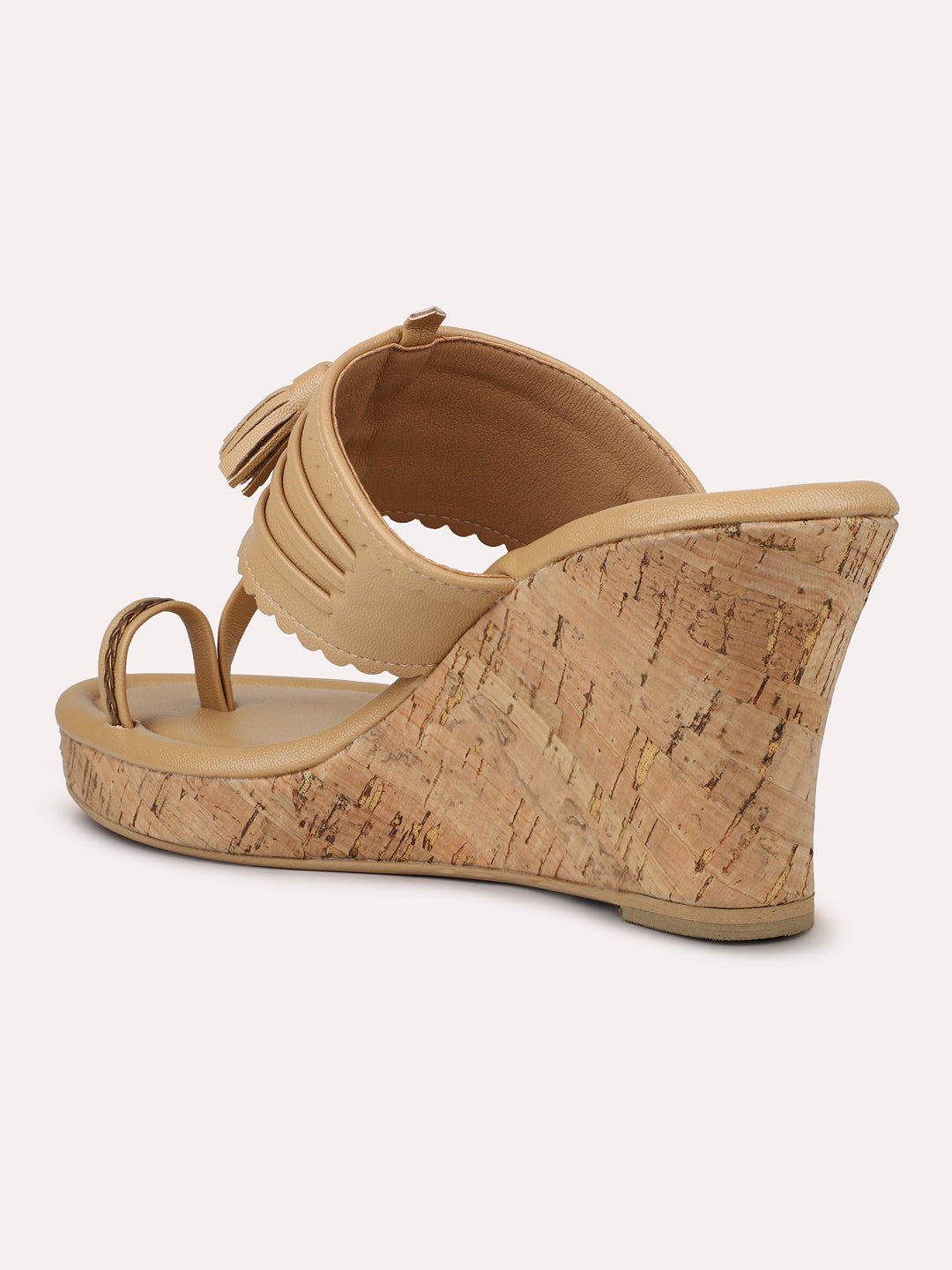 Women Beige Textured One Toe Wedge Heels With Tassels