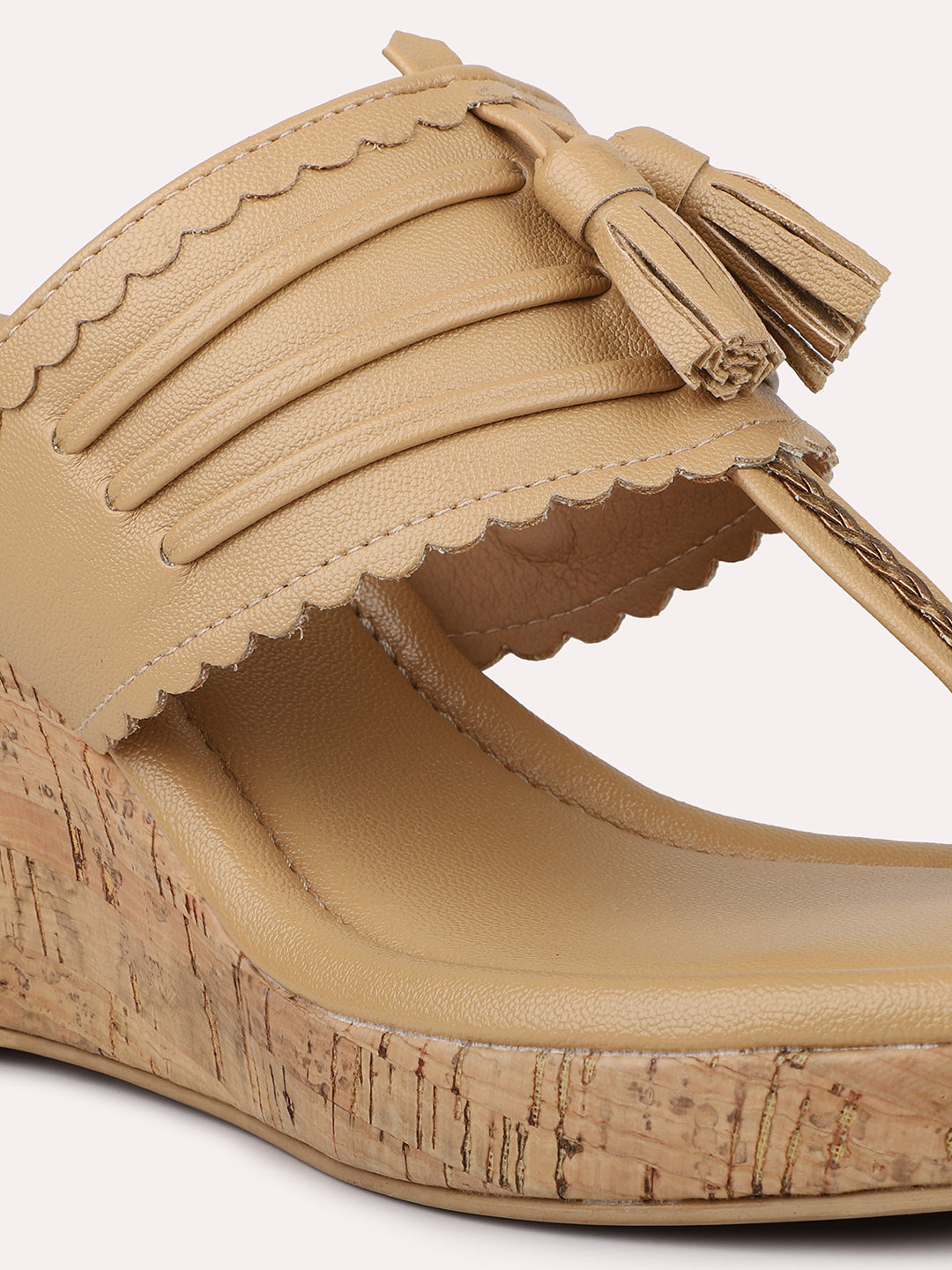 Women Beige Textured One Toe Wedge Heels With Tassels