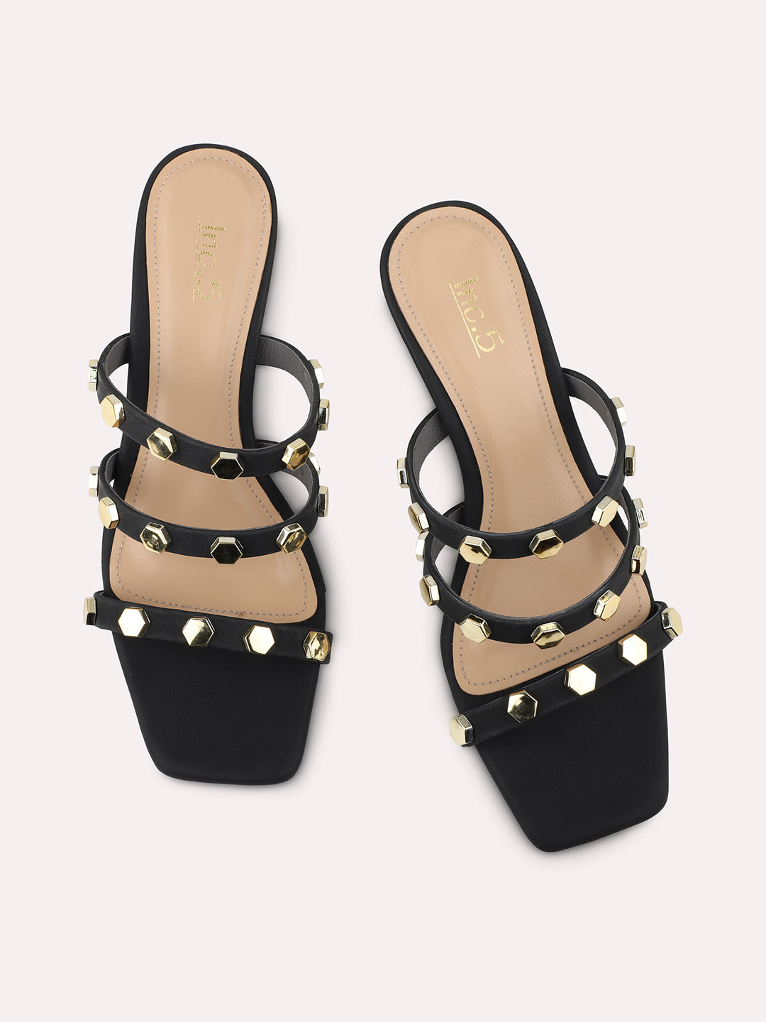 Women Black Strappy Studded Kitten Heels