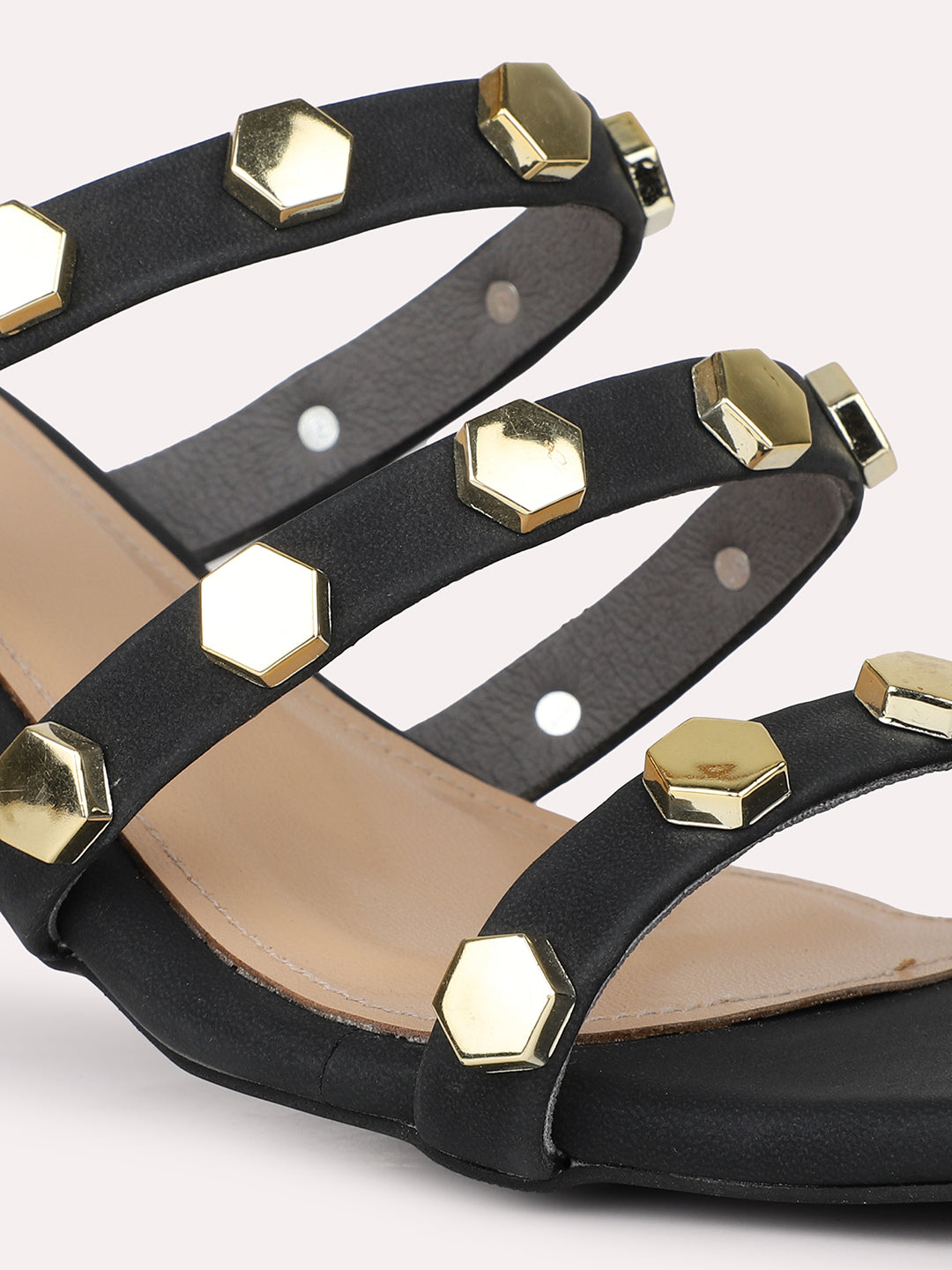 Women Black Strappy Studded Kitten Heels