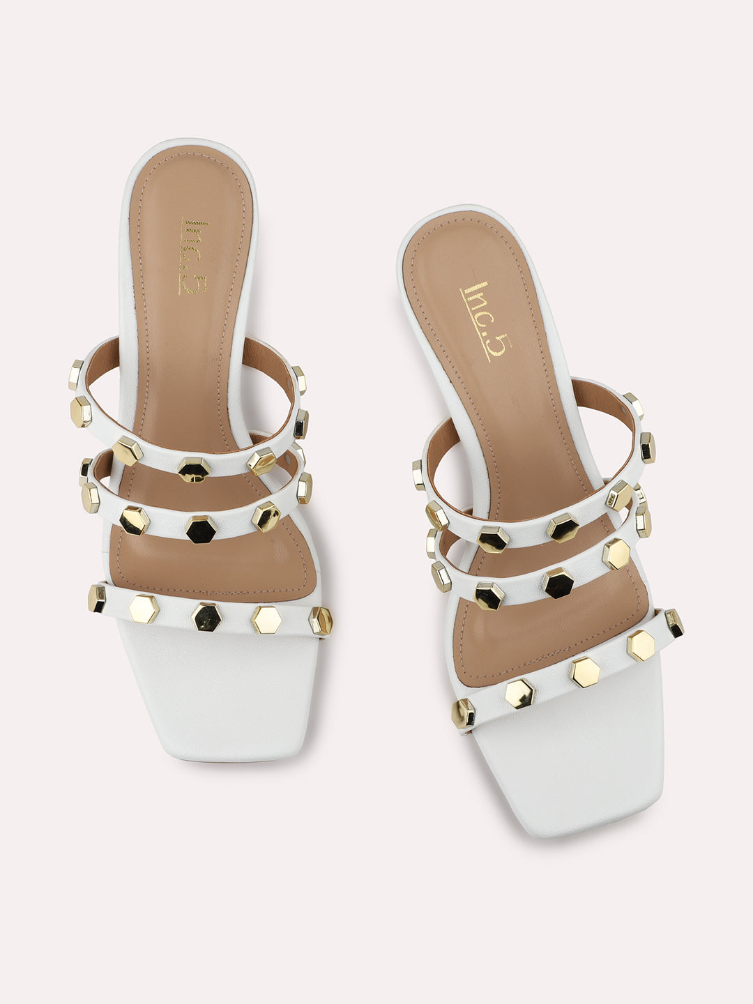 Women White Strappy Studded Kitten Heels