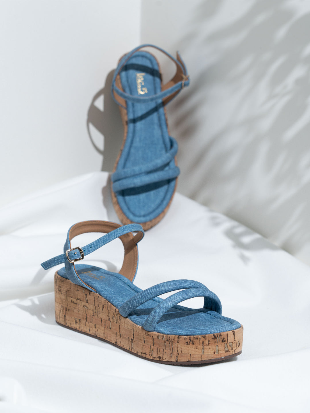 Womens Blue Casual Strappy Round Toe Sandals With Buckle Closure