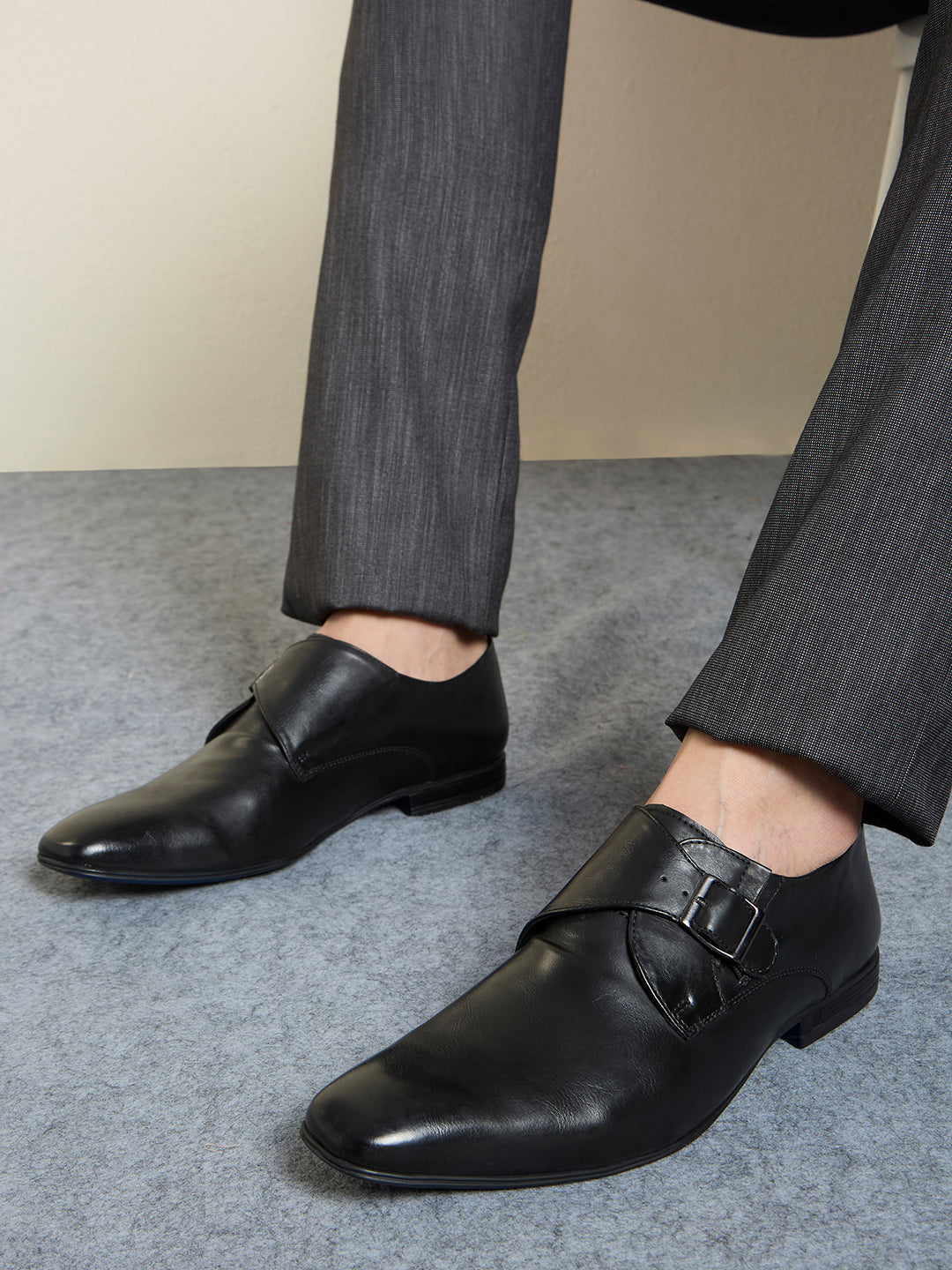 Men Black Leather Formal Monk Shoes