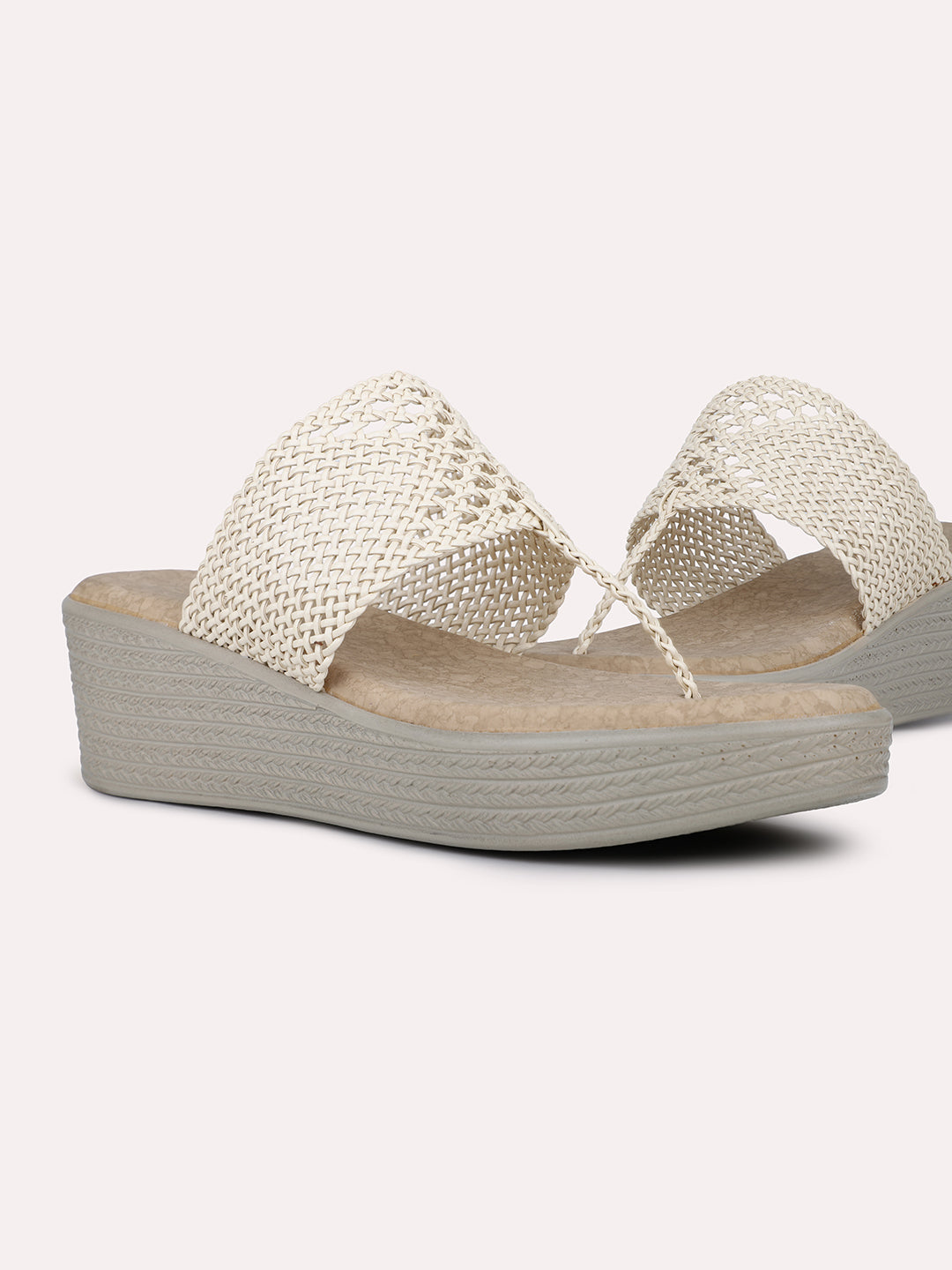 Womens Cream Casual T Strap Wedge Sandals