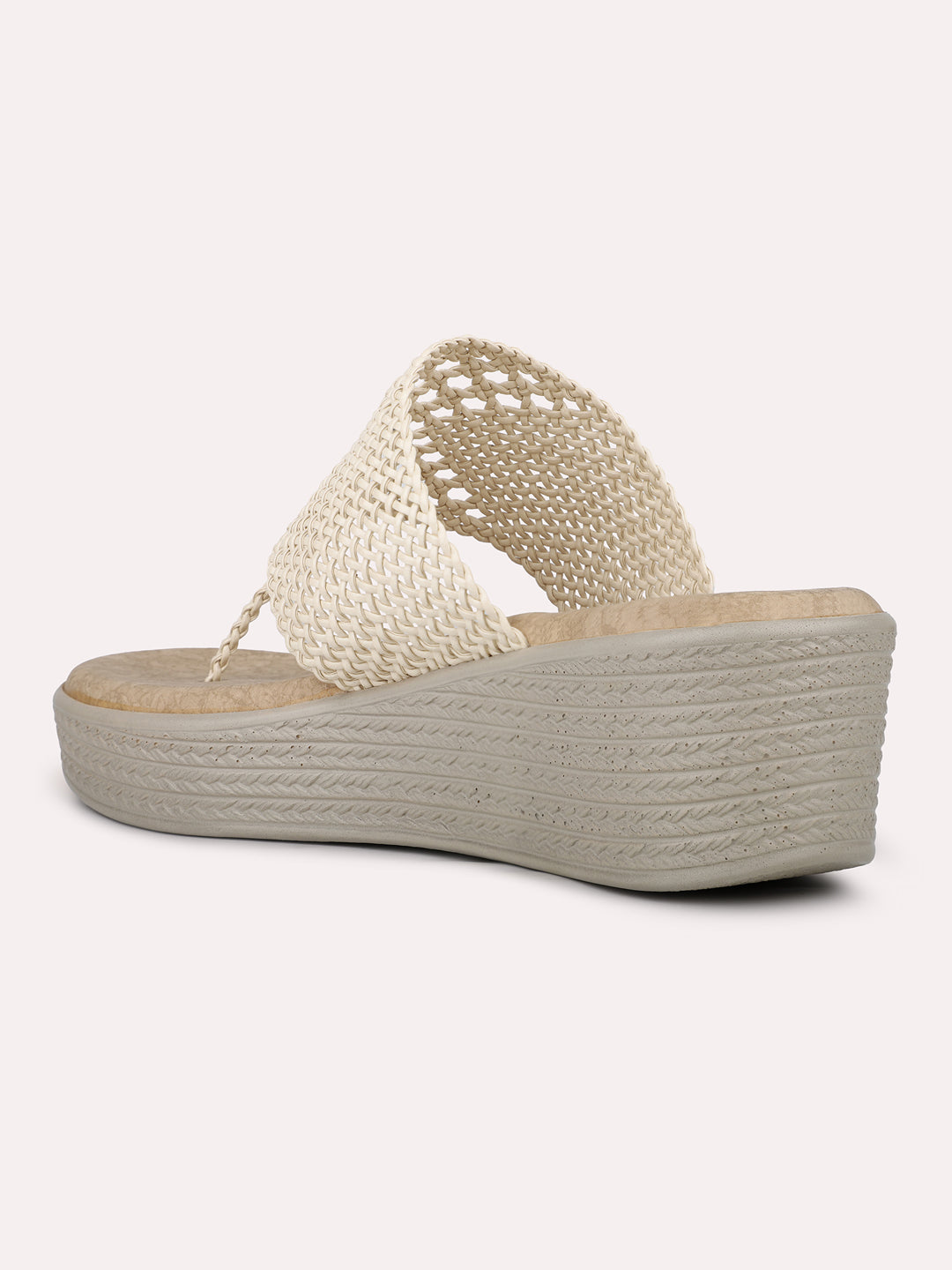 Womens Cream Casual T Strap Wedge Sandals