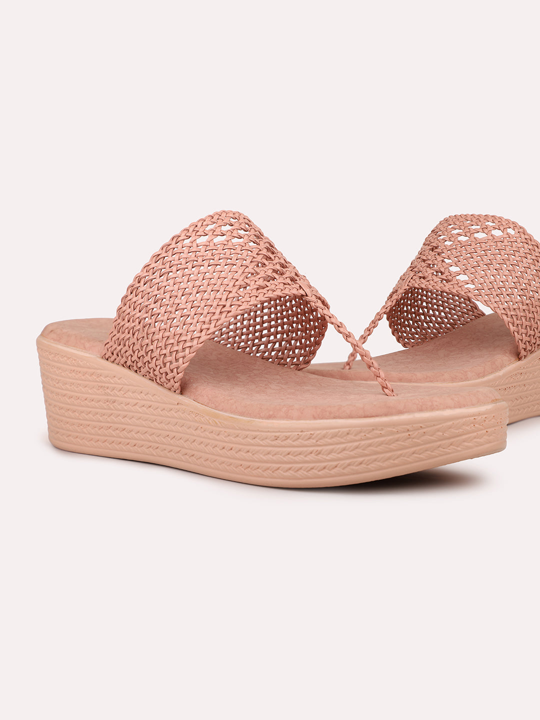 Womens Peach Casual T Strap Wedge Sandals