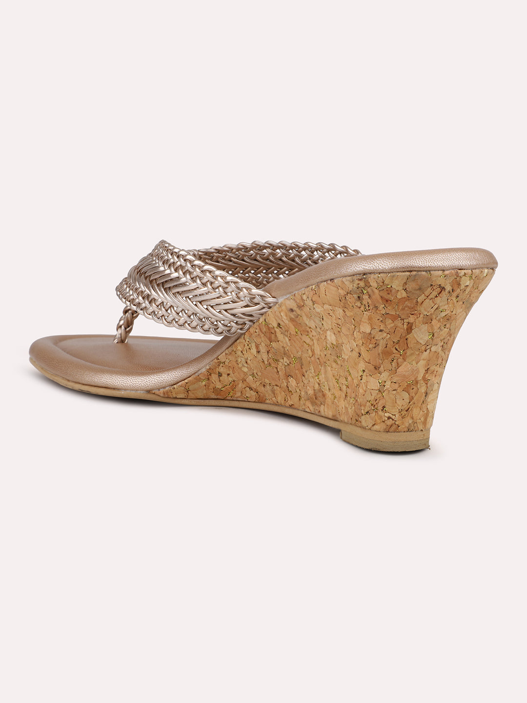 Women Rose Gold Textured Cork Finish Open Toe Wedge Heels