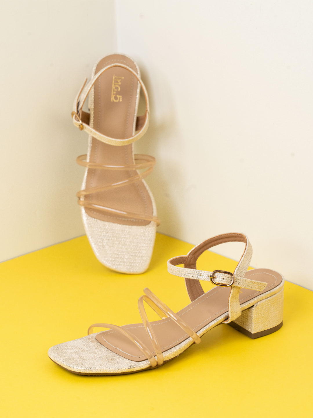 Womens Gold Party Wear Strappy Square Toe Sandals