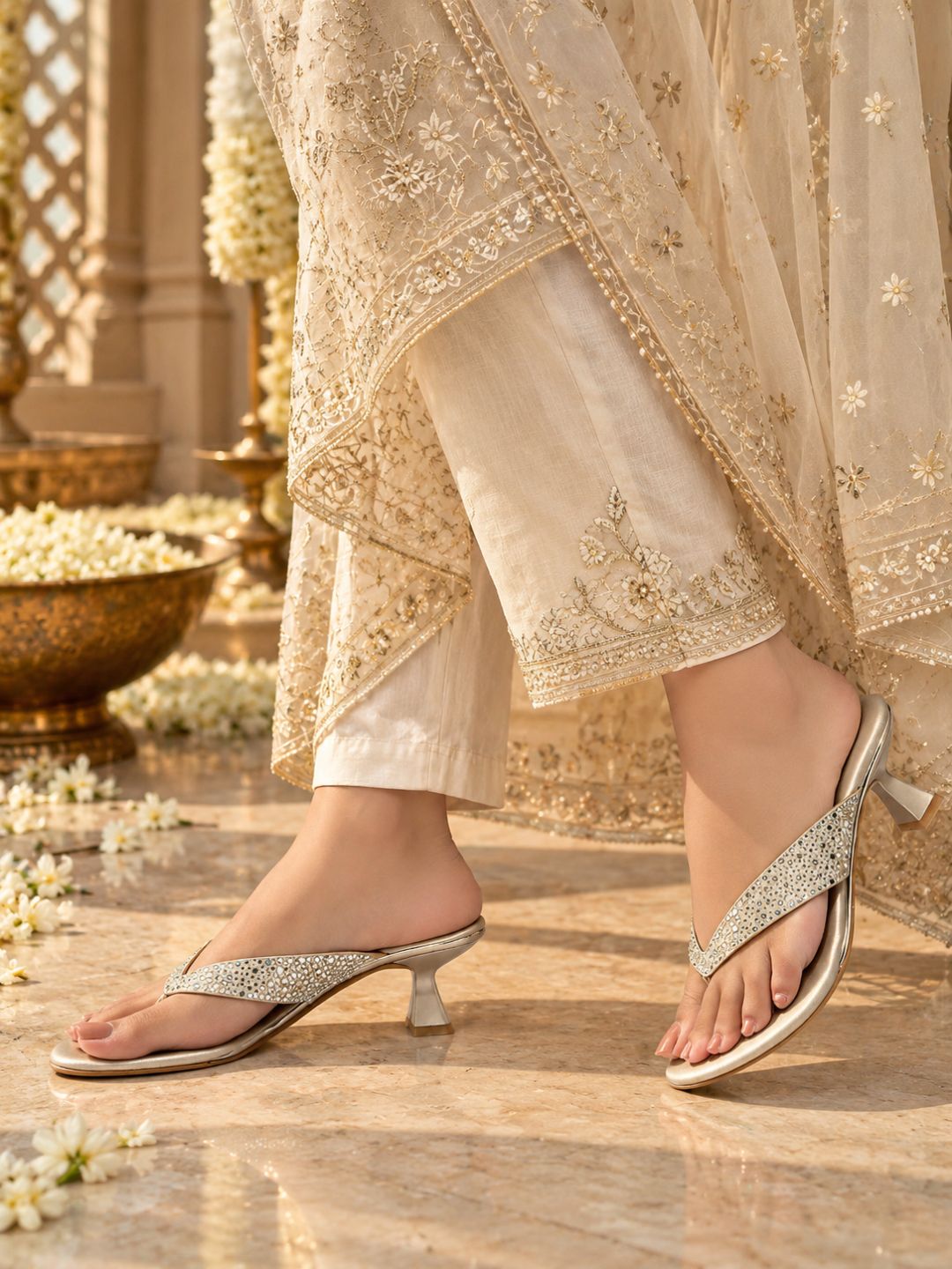 Womens Gold Ethnic Embellished Round Toe Heels