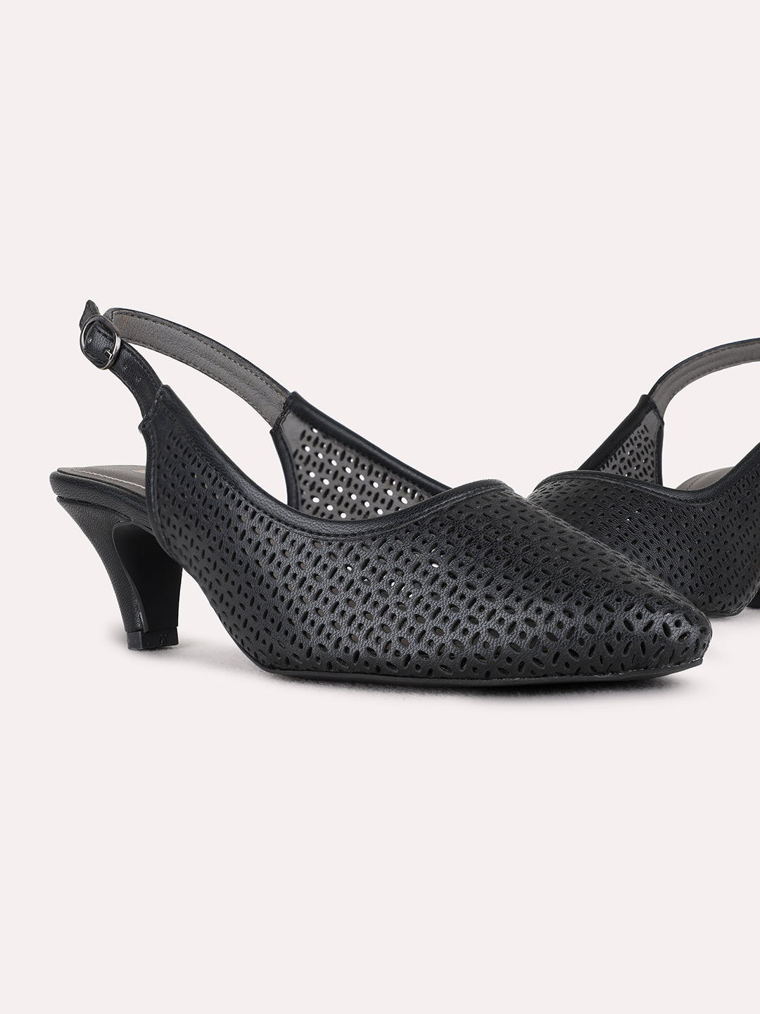 Womens Black Party Wear Embossed Pointed Toe Block heels Mules