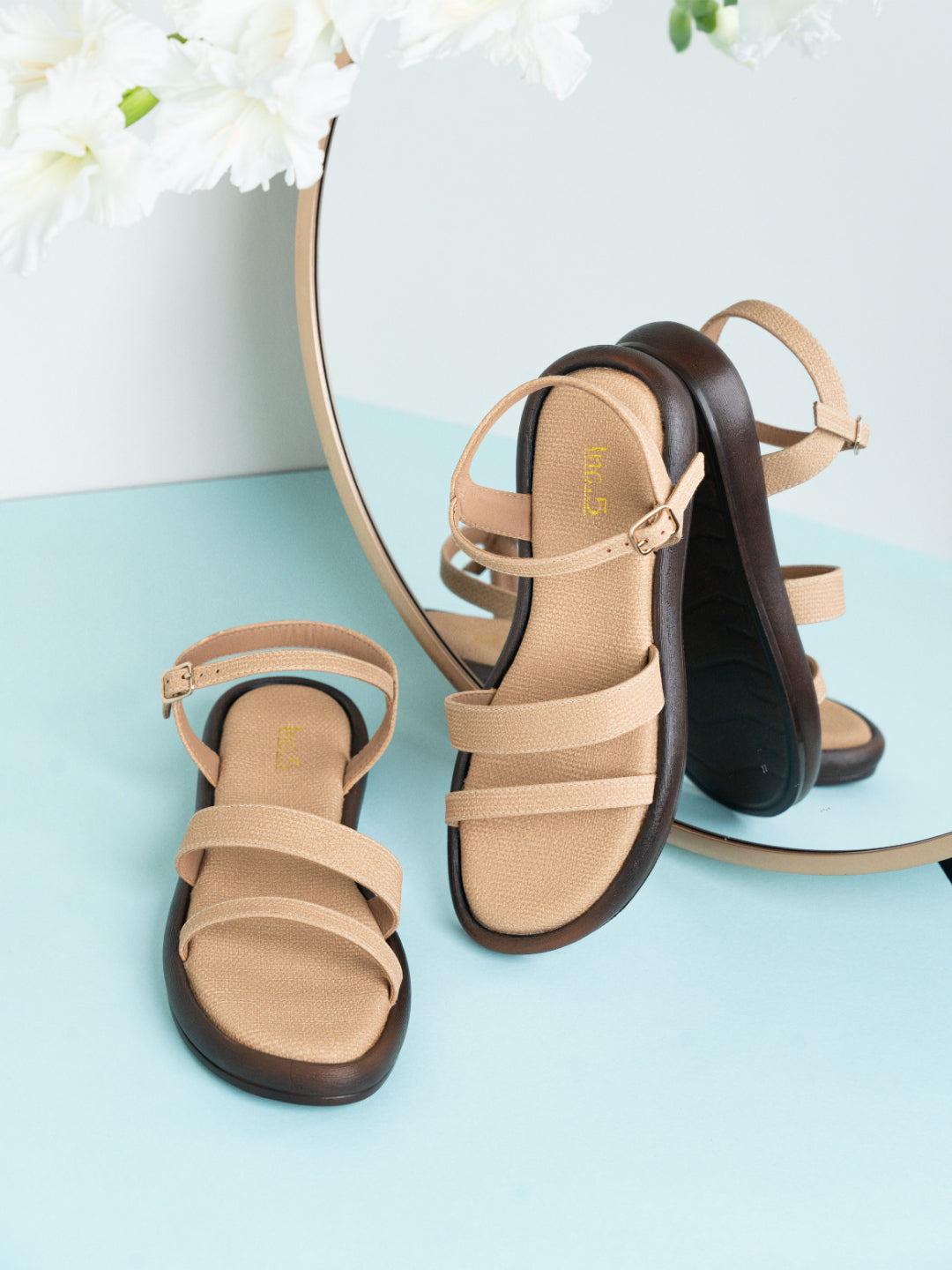 Womens Beige Casual Strappy Round Toe Sandals