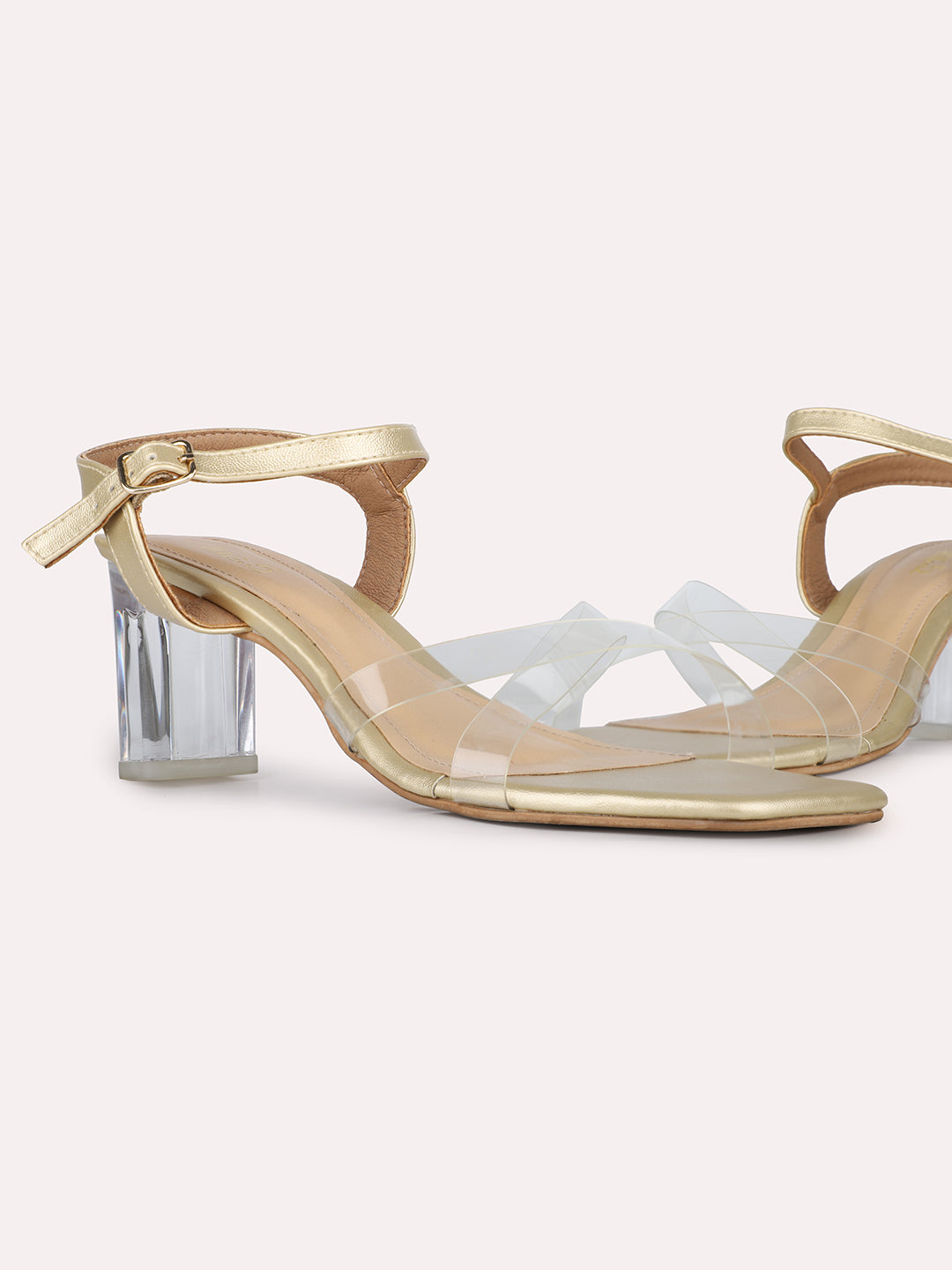 Womens Golden Transparent Square Toe Party Wear Heel Sandals