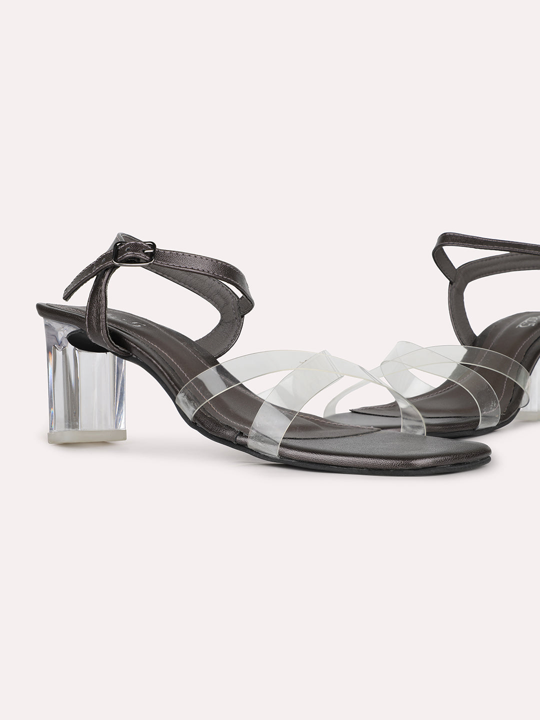 Womens Pewter Transparent Square Toe Party Wear Heel Sandals