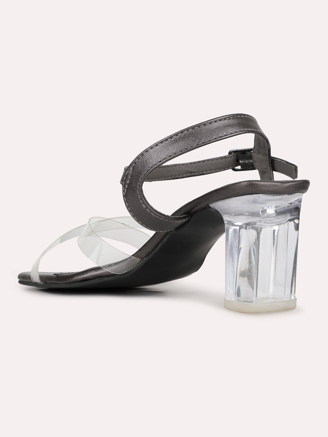 Womens Pewter Transparent Square Toe Party Wear Heel Sandals