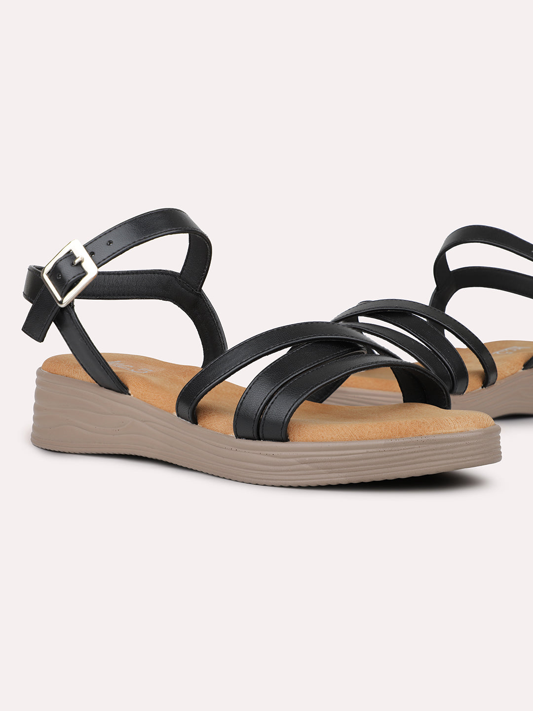 Womens Black Casual Strappy Round Toe Sandals