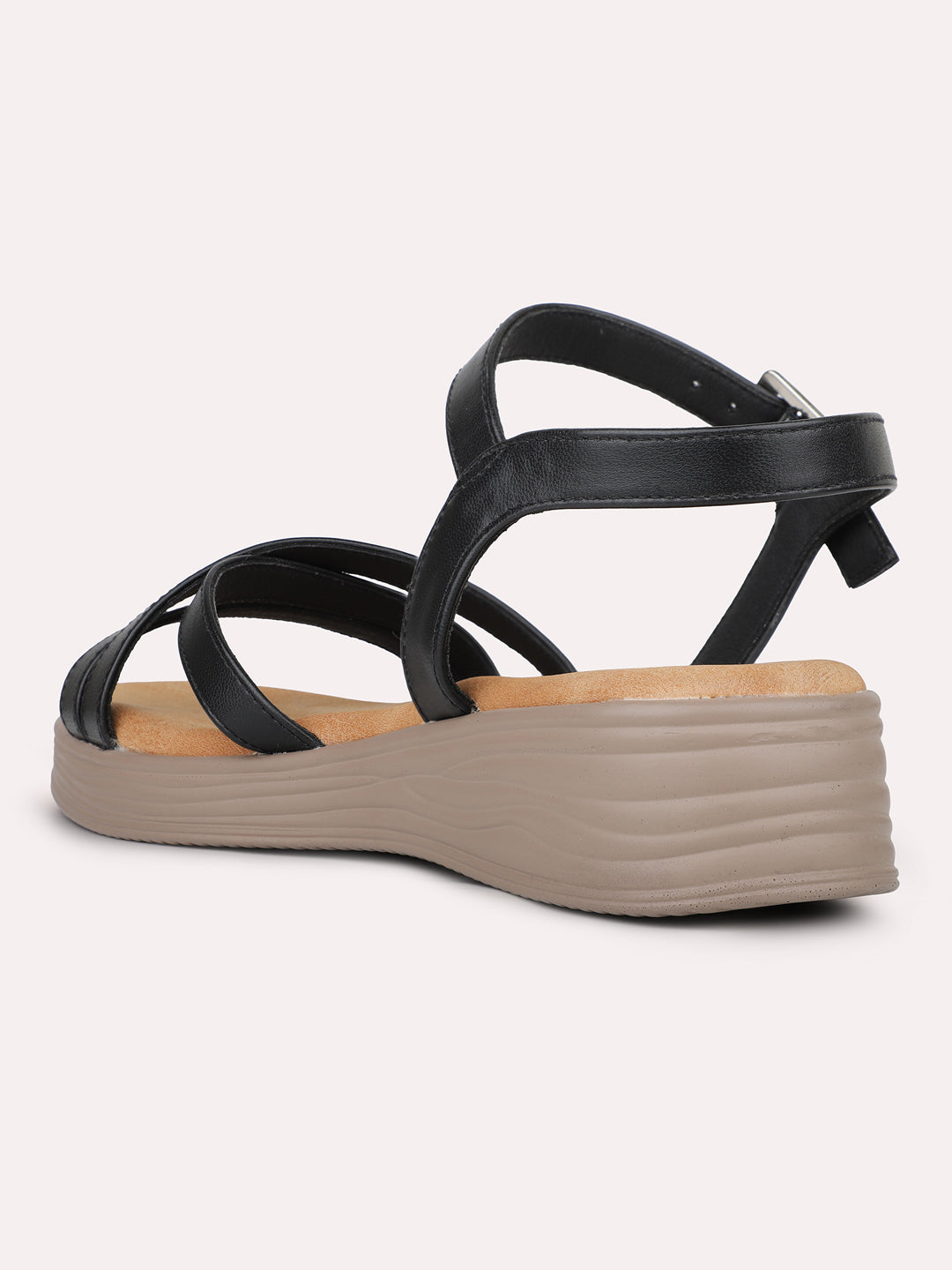 Womens Black Casual Strappy Round Toe Sandals