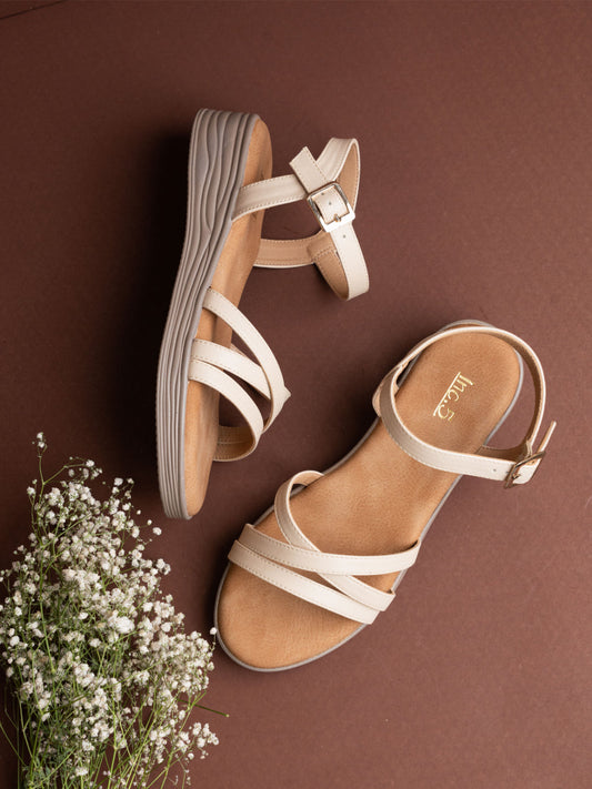 Womens Cream Casual Strappy Round Toe Sandals