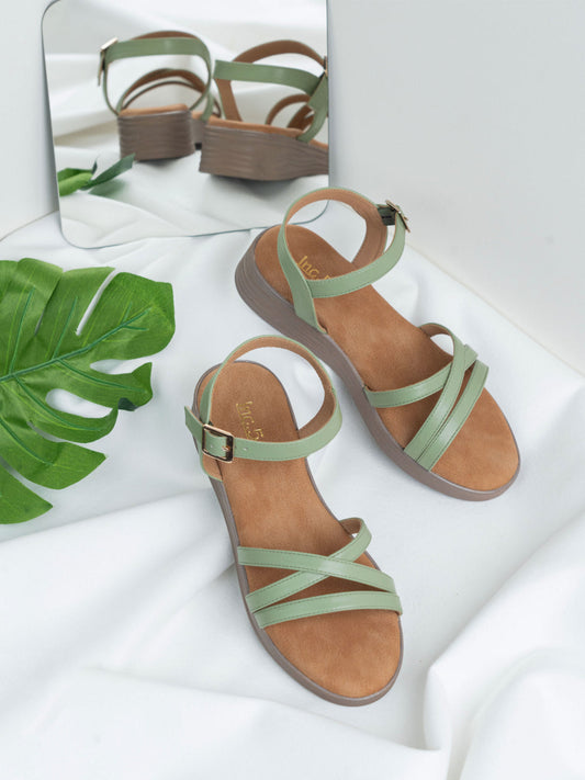 Womens Green Casual Strappy Round Toe Sandals