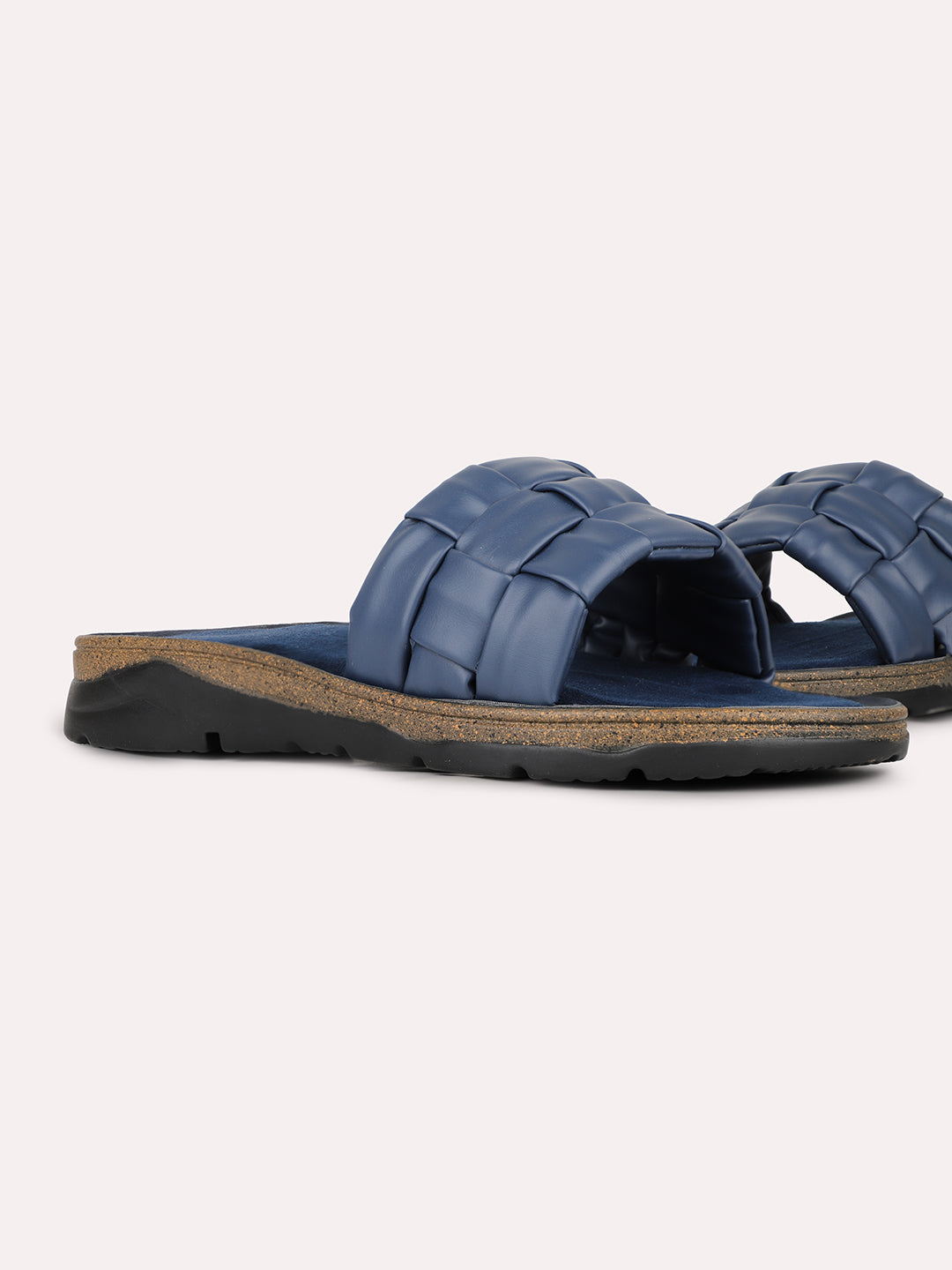 Womens Navy Solid Round Toe Casual Flat Slip-on Sandals