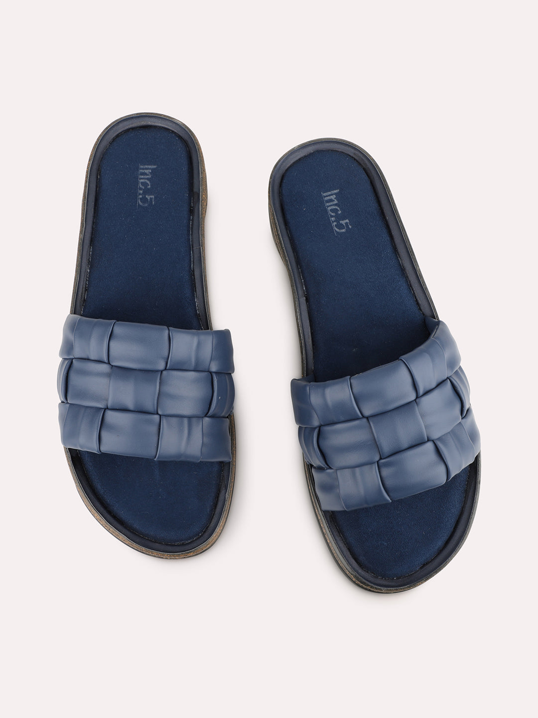 Womens Navy Solid Round Toe Casual Flat Slip-on Sandals