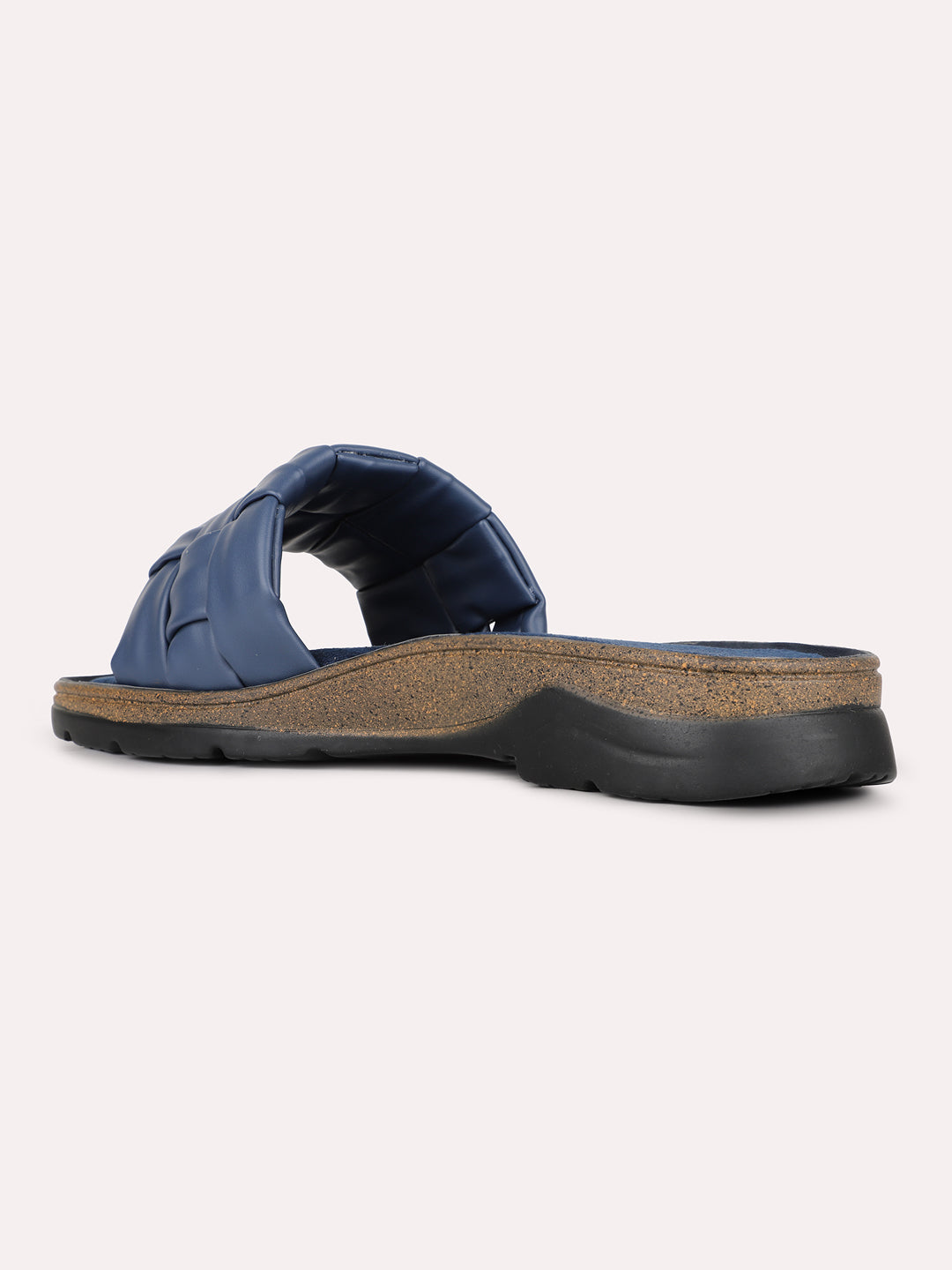 Womens Navy Solid Round Toe Casual Flat Slip-on Sandals