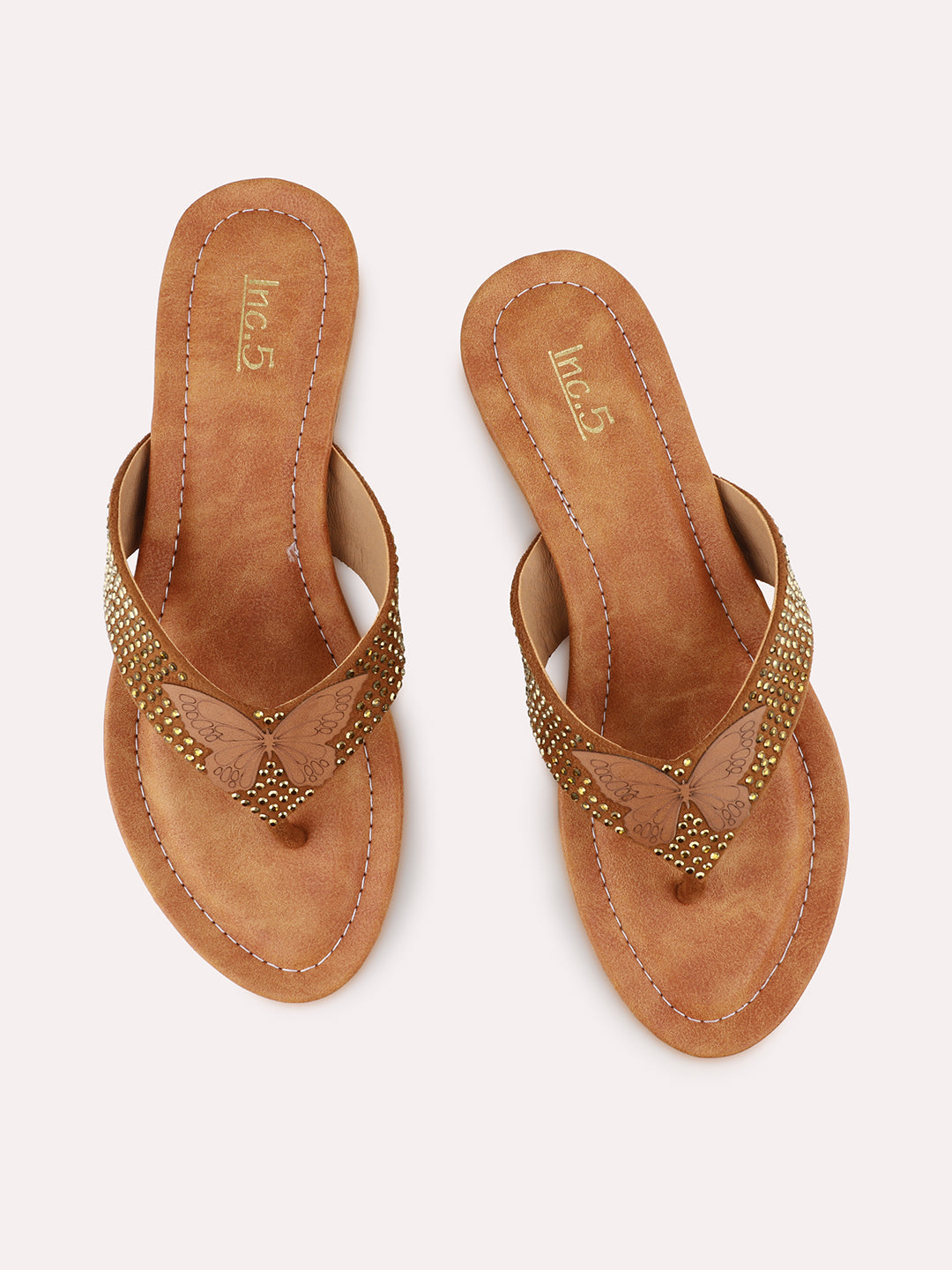 Women Tan Embellished Open Toe Flats