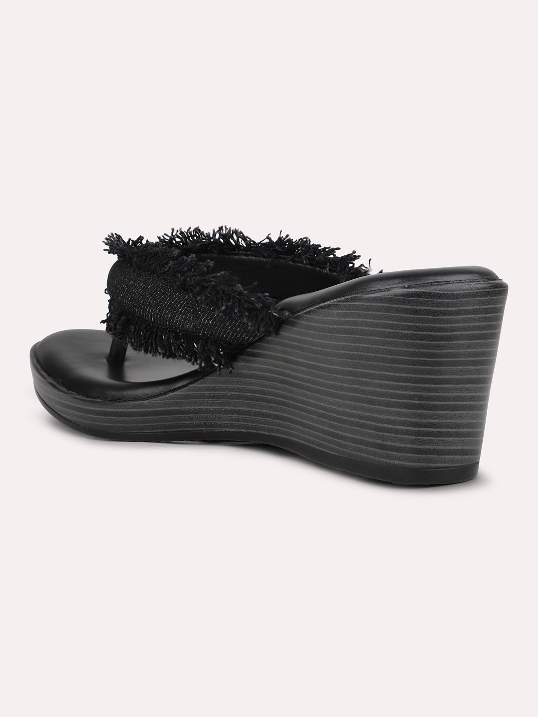 Womens Black Casual Thong Wedge Heels