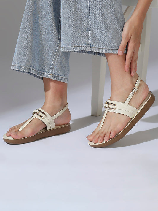 Women Beige Buckled T-Strap Open Toe Flats