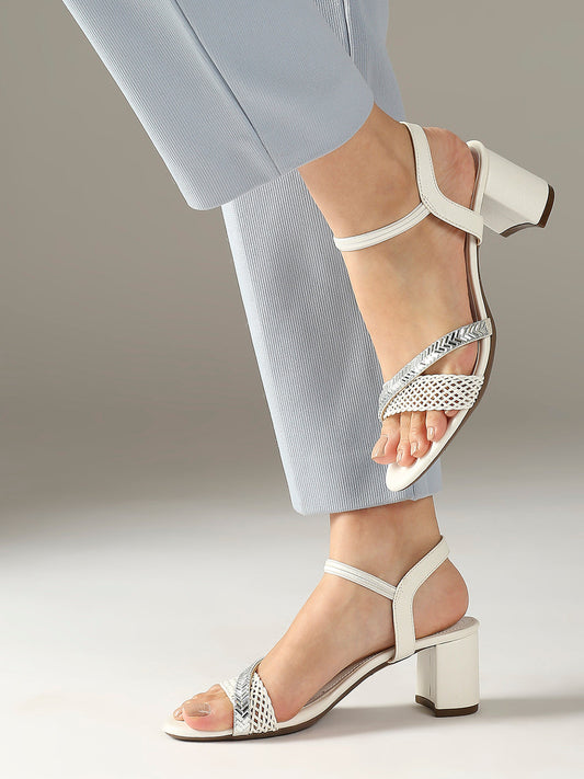 Women White And Silver-Toned Embellished Party Block Heels