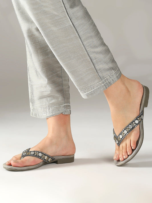 Women Pewter Embellished Open Toe Flats