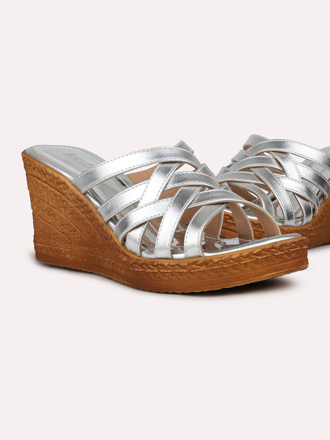 Womens Silver Party Wear Strappy Open toe Wedges Mules